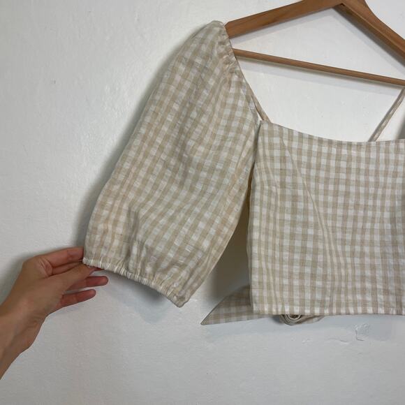H&M – Gingham Check Linen Cotton Blend Puff Sleeve Open Back Blouse - Picture 3 of 9